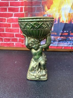Vintage Cherub Pedestal Planter Bowl in Aged Green-Gold